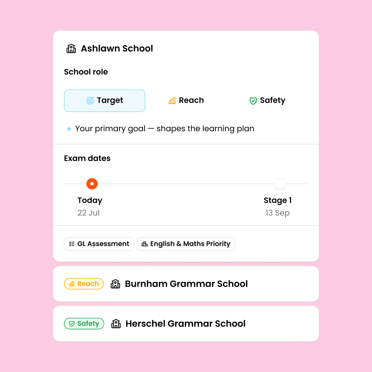Choosing target, reach and safety schools in Exam Beacon